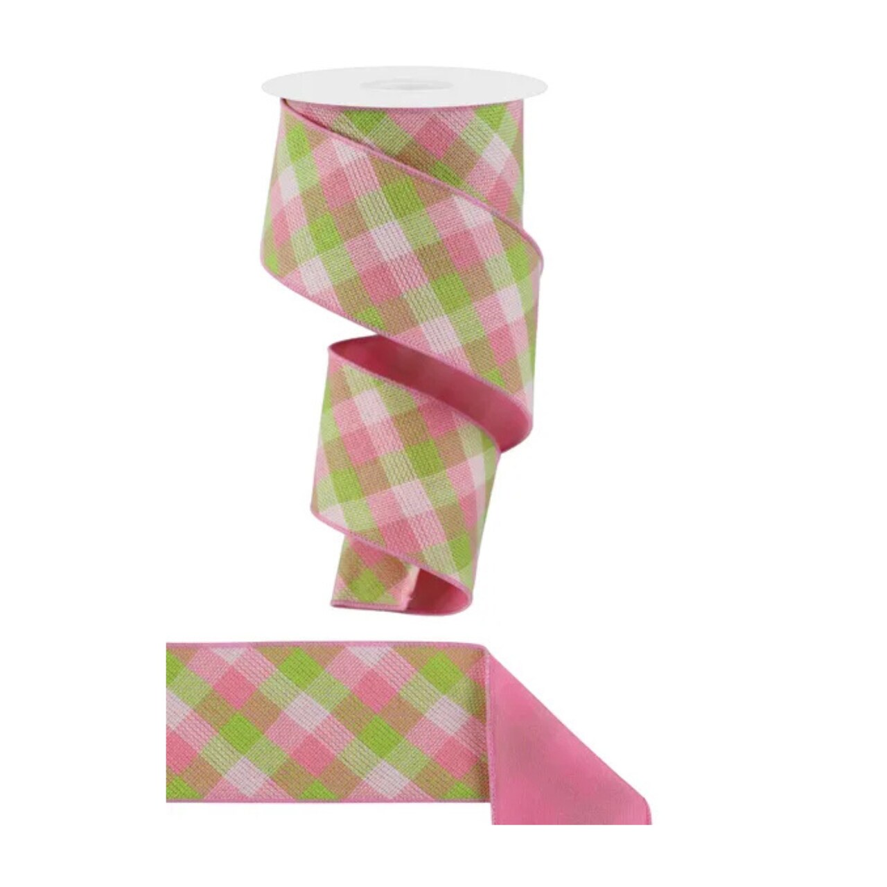 Pink Green Woven Check Ribbon 2.5x10yd Wired | Spring Craft Ribbon-RGX011315